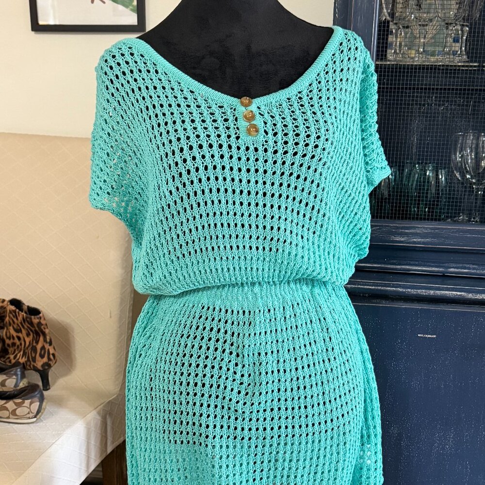 knitted Hole Waist Fitted Teal Dress